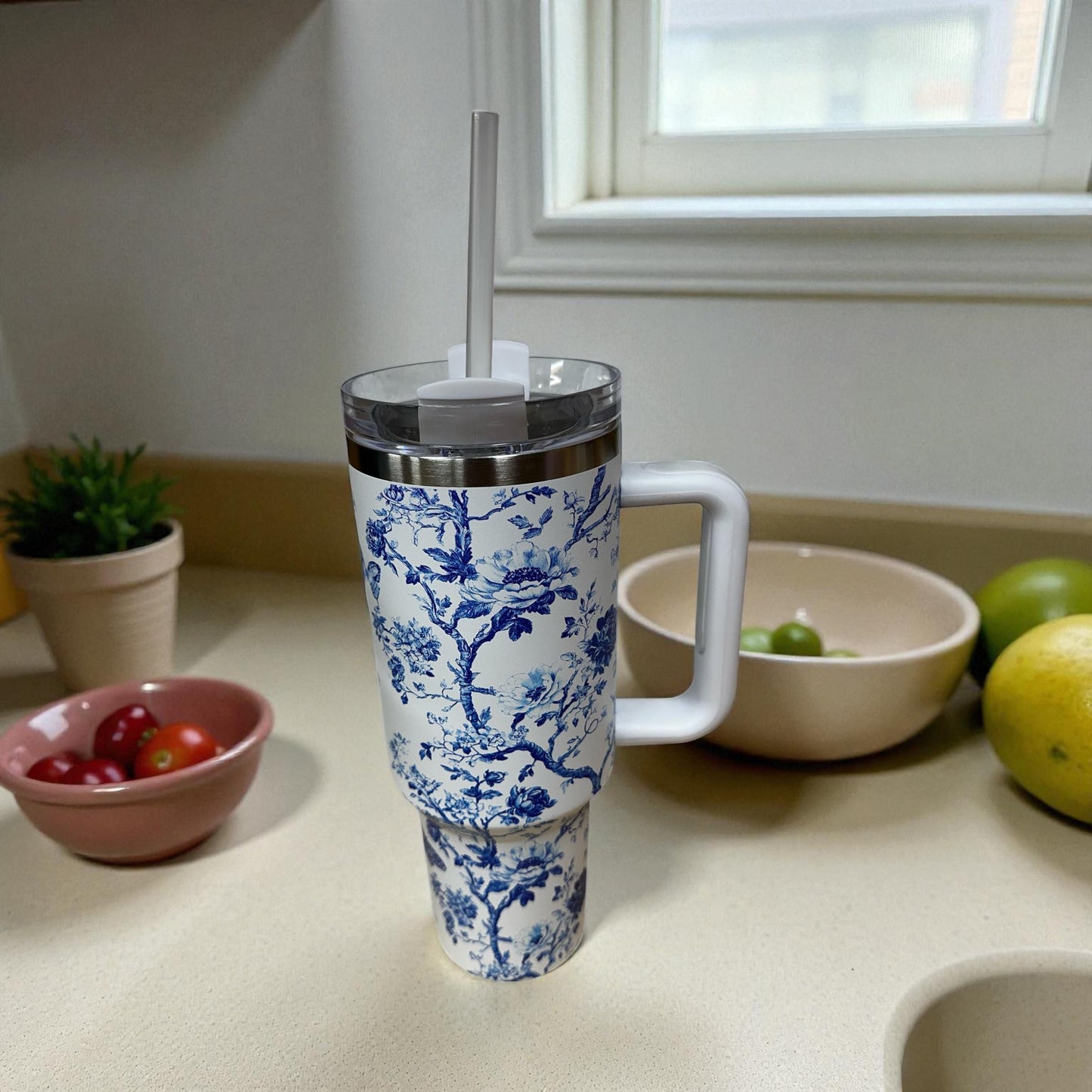 Chic Blue Porcelain Floral 40oz Tumbler – Insulated Mug with Lid & Straw
