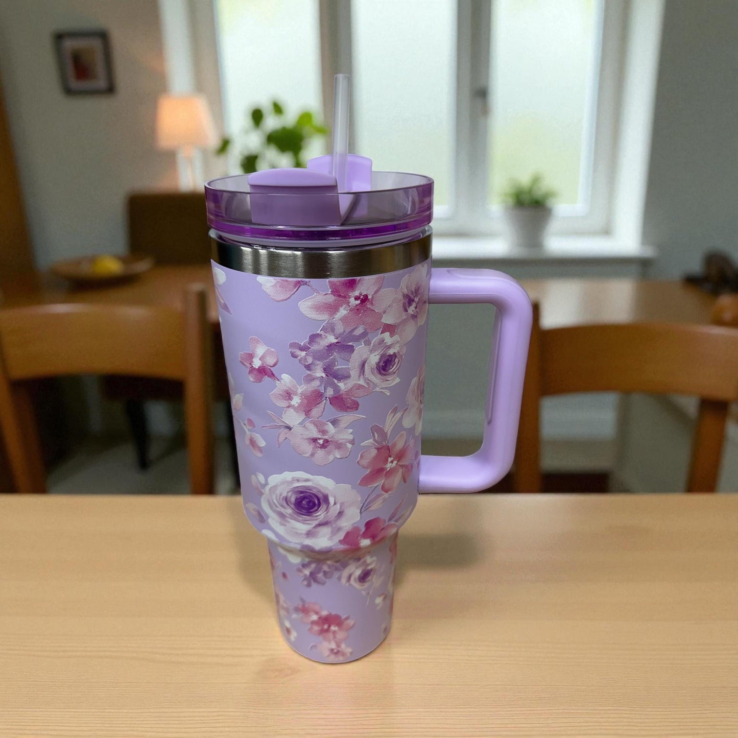 Lavender Floral 40oz Tumbler with Handle – Insulated Cup with Straw