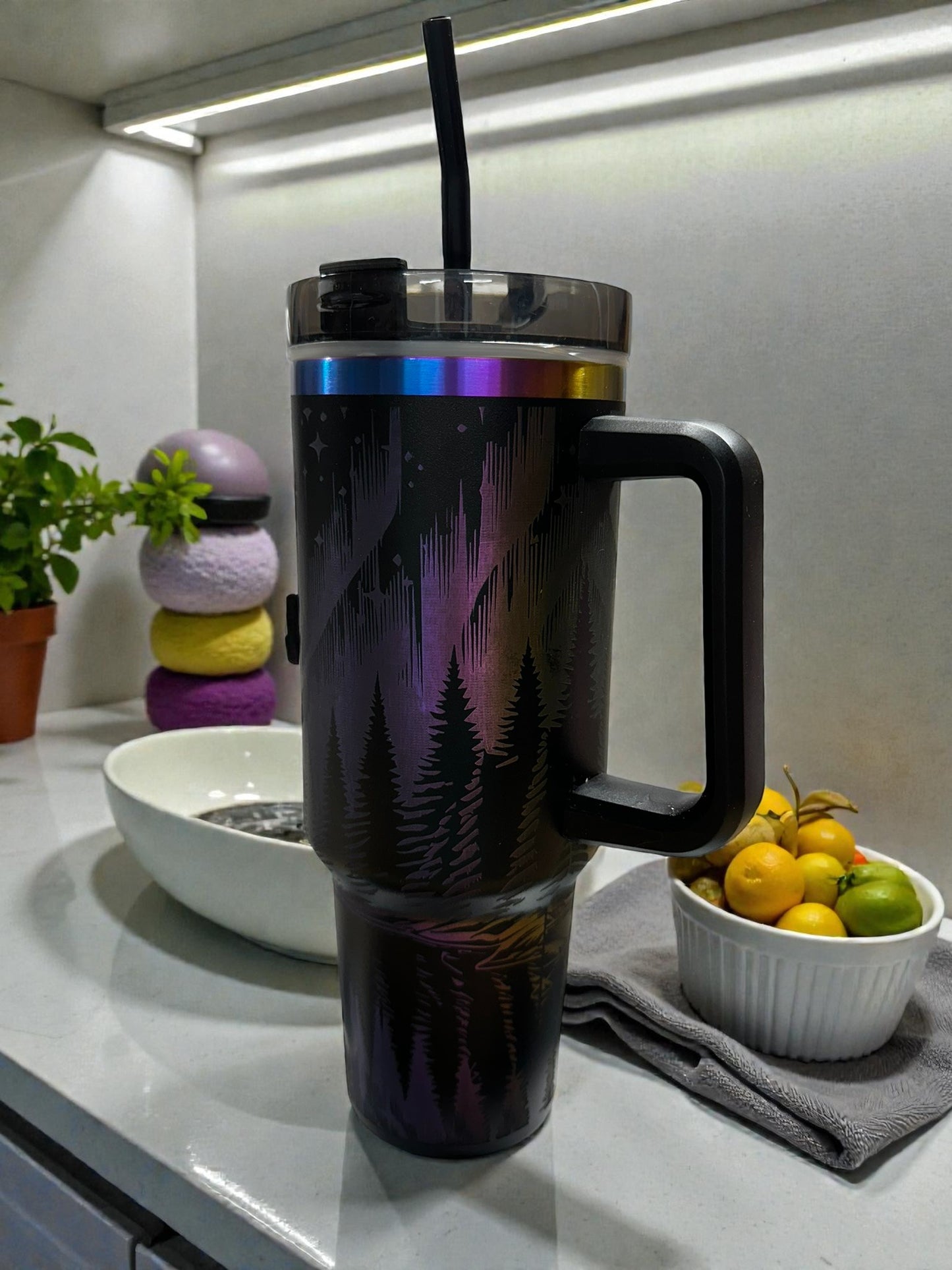 LASER ENGRAVED ~ Northern Lights Forest Tumbler | 30oz Insulated Travel Cup