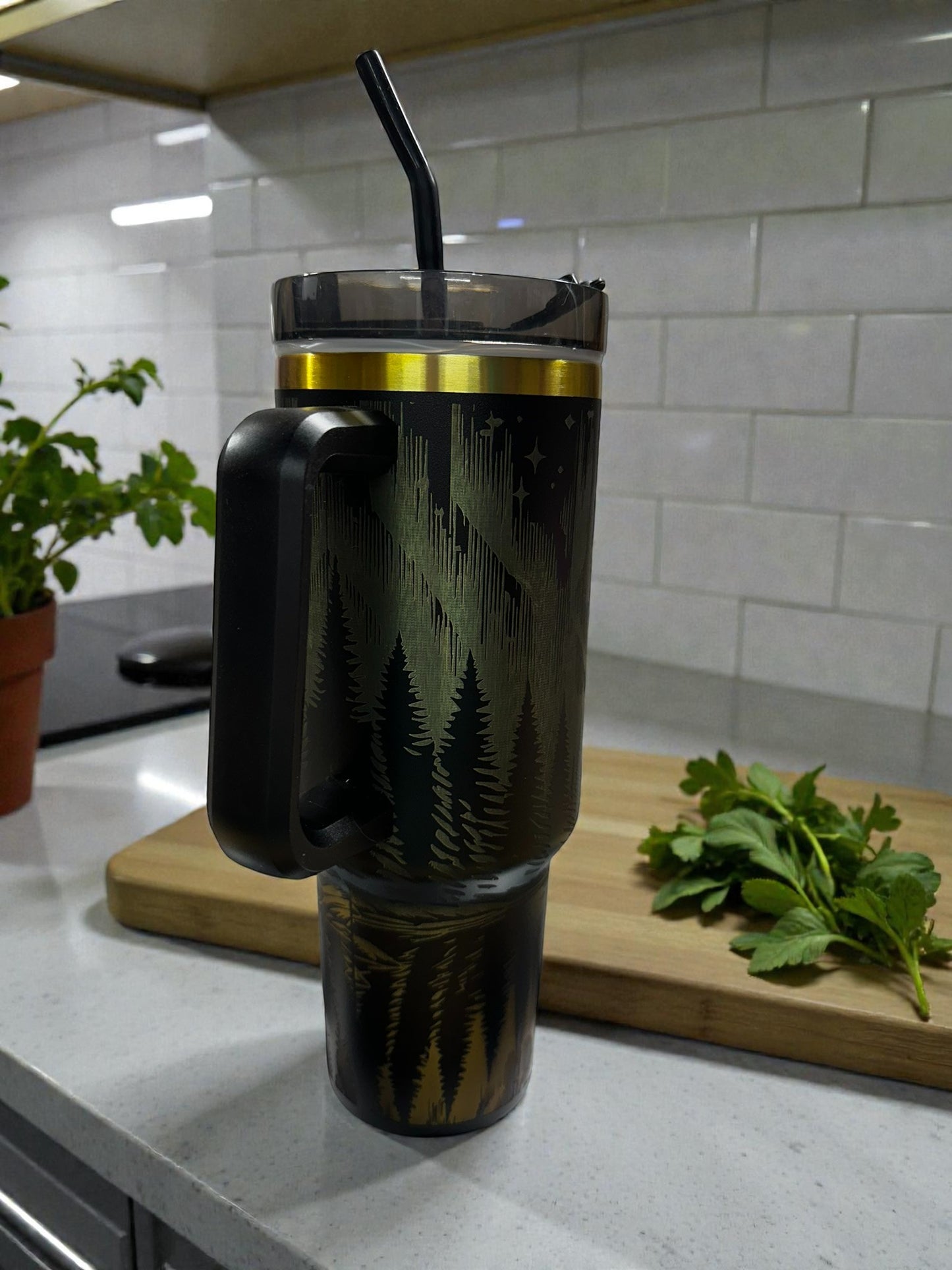 LASER ENGRAVED ~ Northern Lights Forest Tumbler | 30oz Insulated Travel Cup
