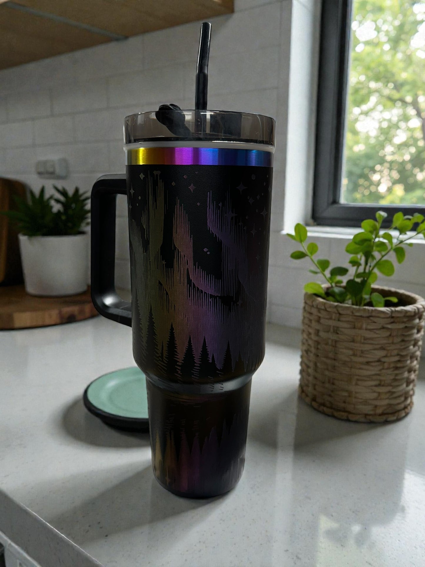 LASER ENGRAVED ~ Northern Lights Forest Tumbler | 30oz Insulated Travel Cup