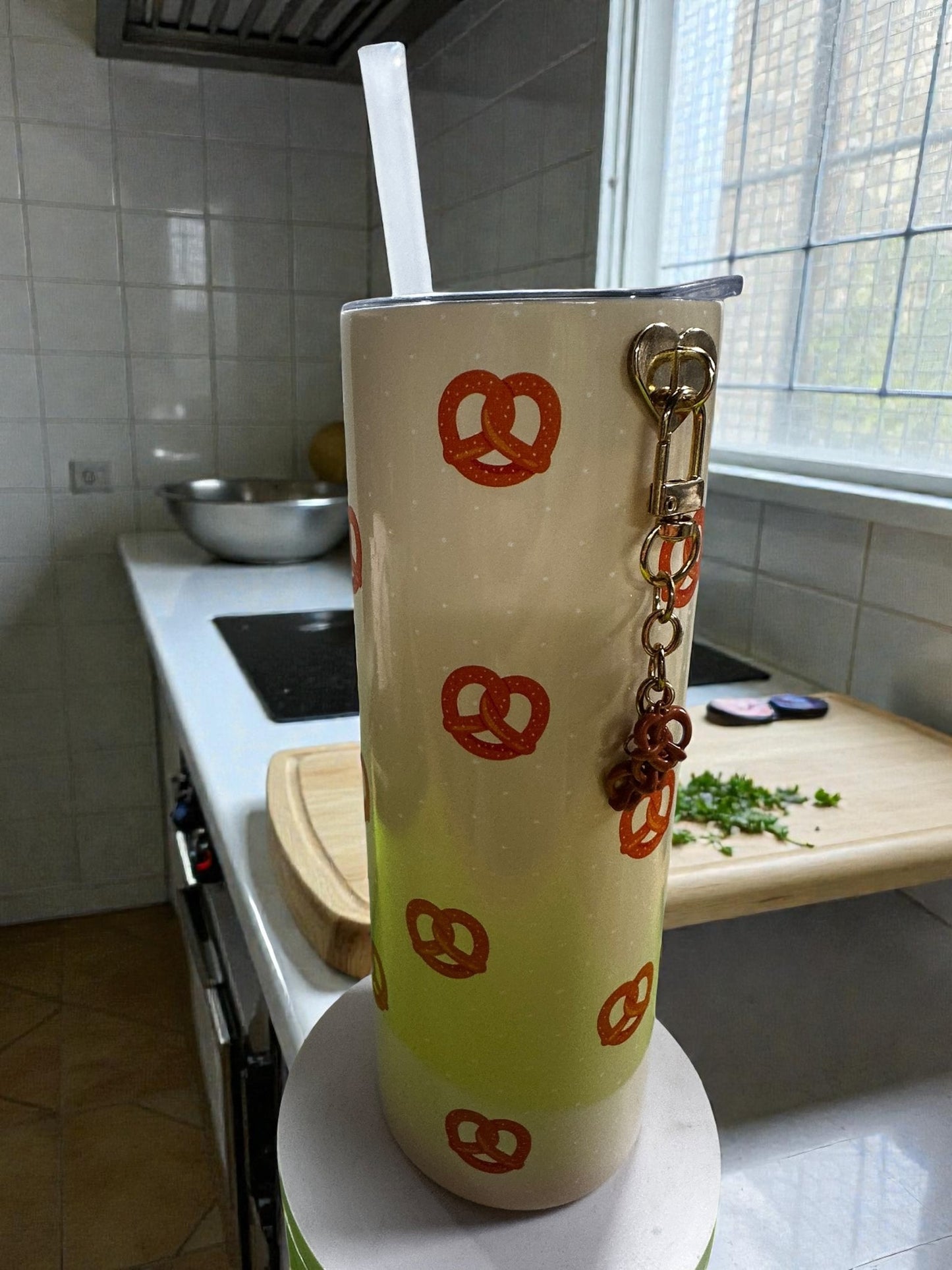 Pretzel Print 20oz Tumbler with Charm | Cute Neutral Skinny Cup
