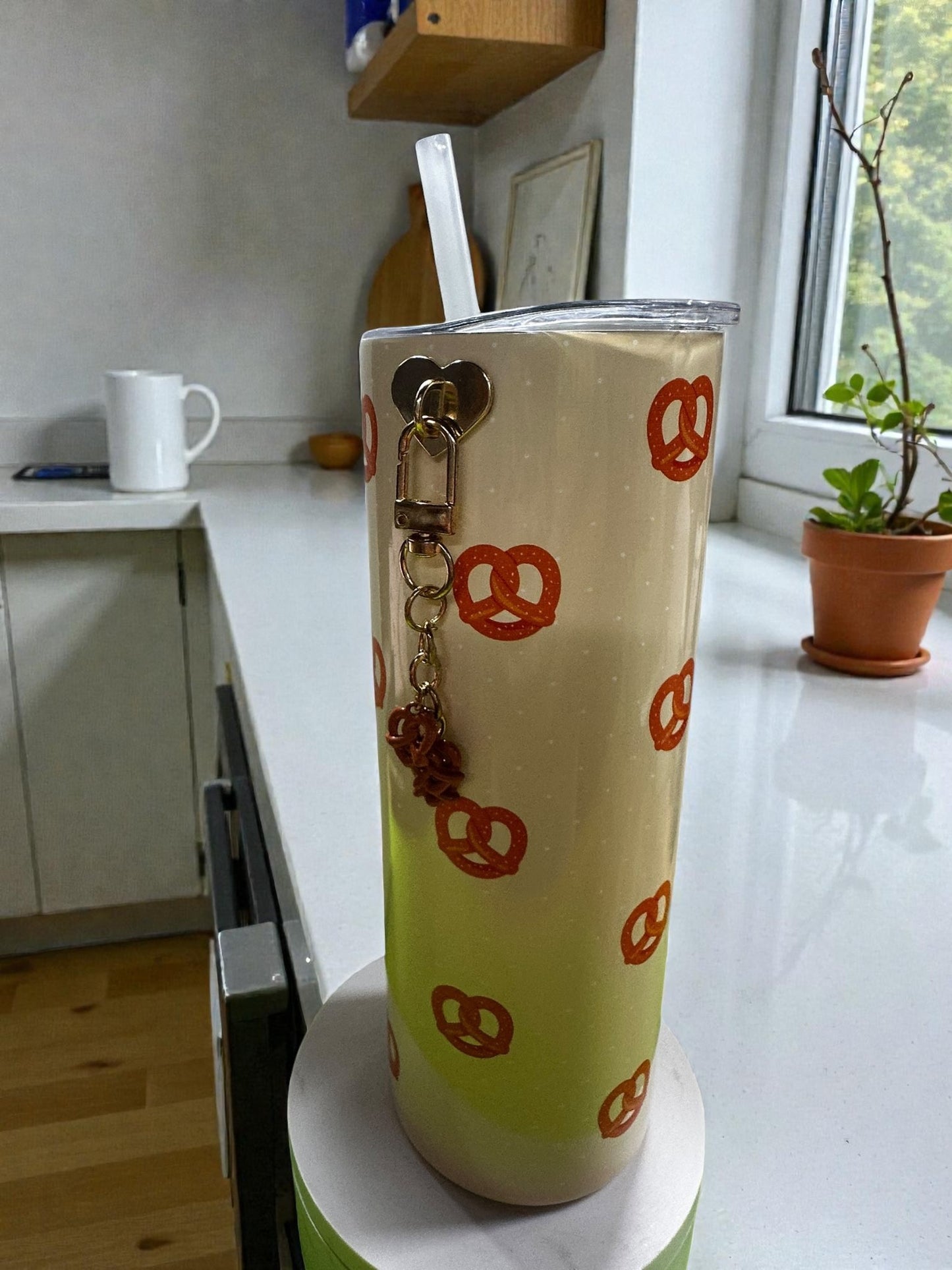 Pretzel Print 20oz Tumbler with Charm | Cute Neutral Skinny Cup