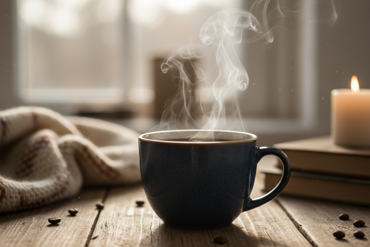 Coffee mug showing coffee sitting on table