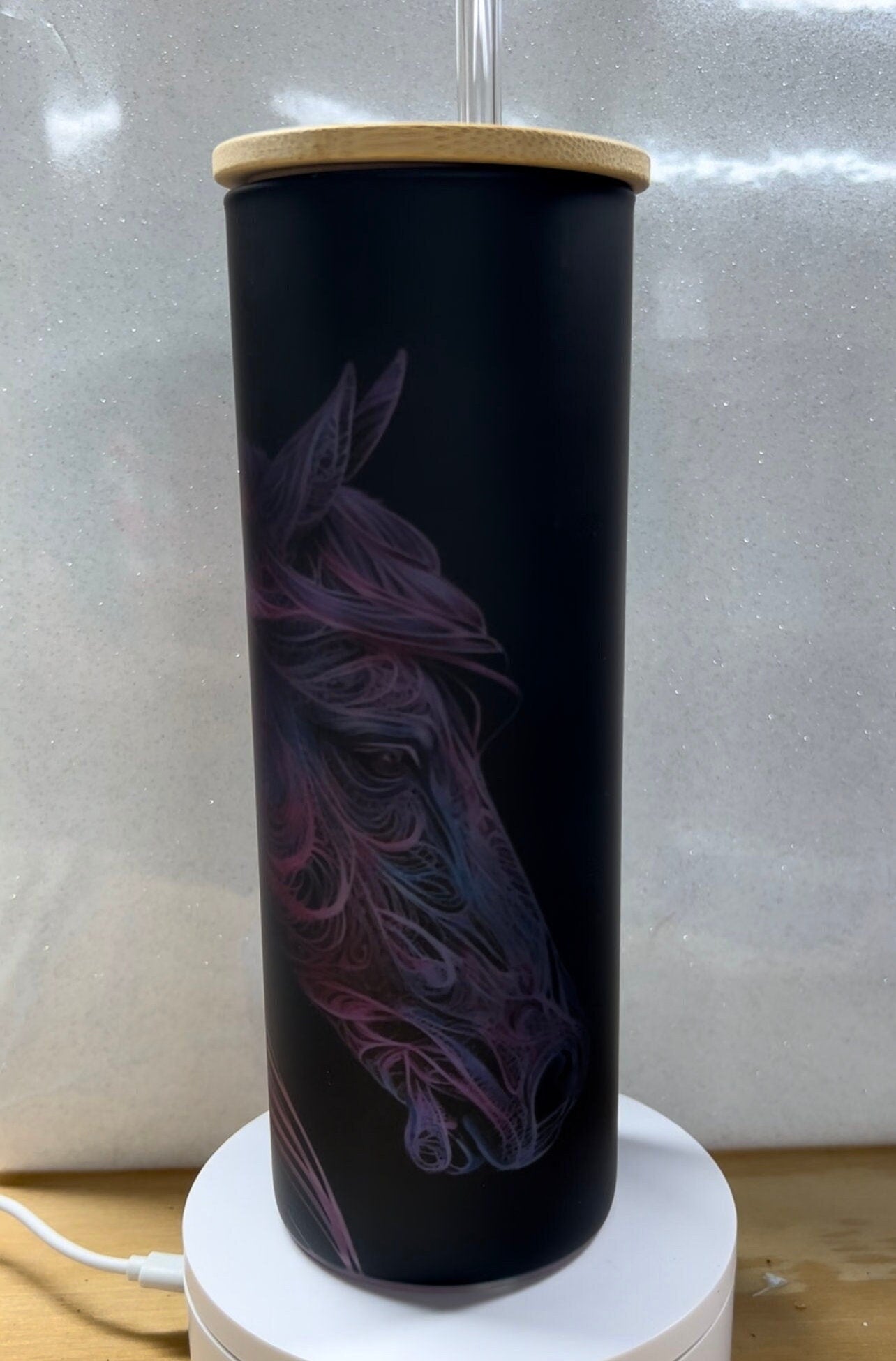 Vibrant Rainbow Horse 20oz GLASS Tumbler – Artistic Equine Line Art Cup