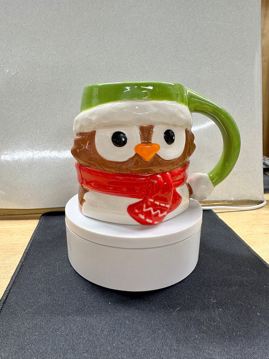 Whimsical Holiday Owl Mug – Snowman Style Ceramic Coffee Mug