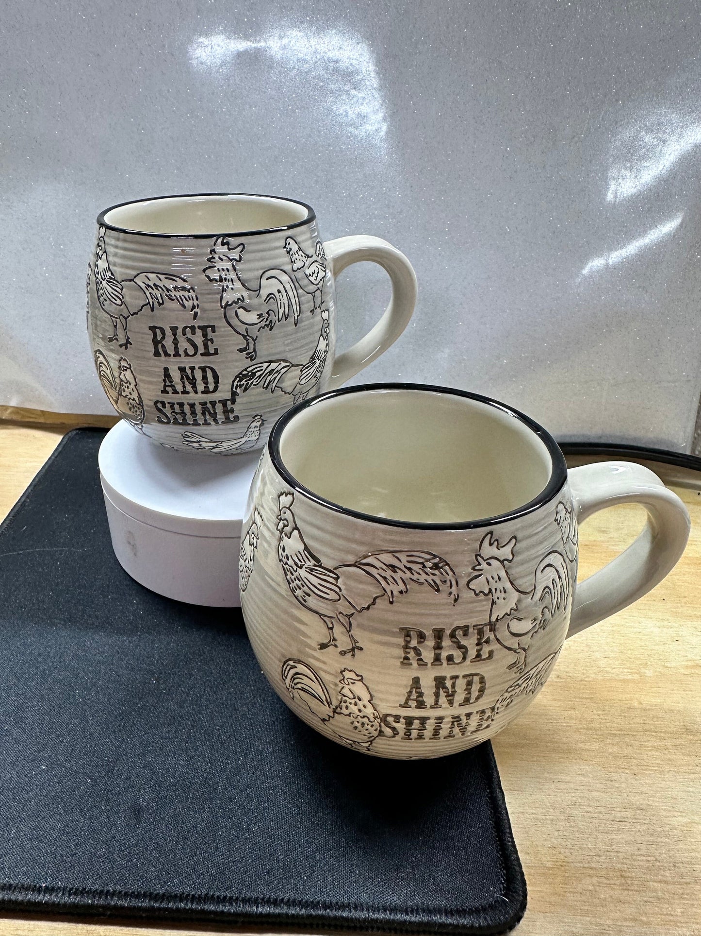 Farmhouse “Rise and Shine” Mug – Country Rooster Coffee Cup SET of 2
