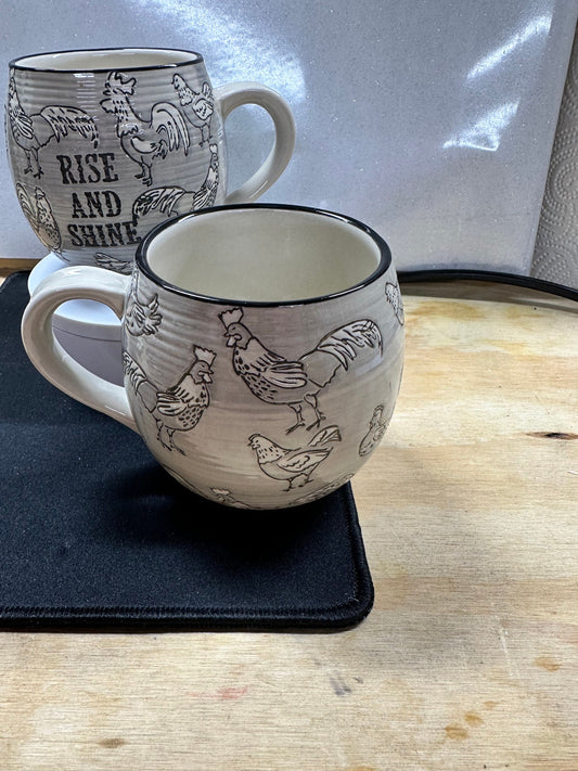 Farmhouse “Rise and Shine” Mug – Country Rooster Coffee Cup SET of 2