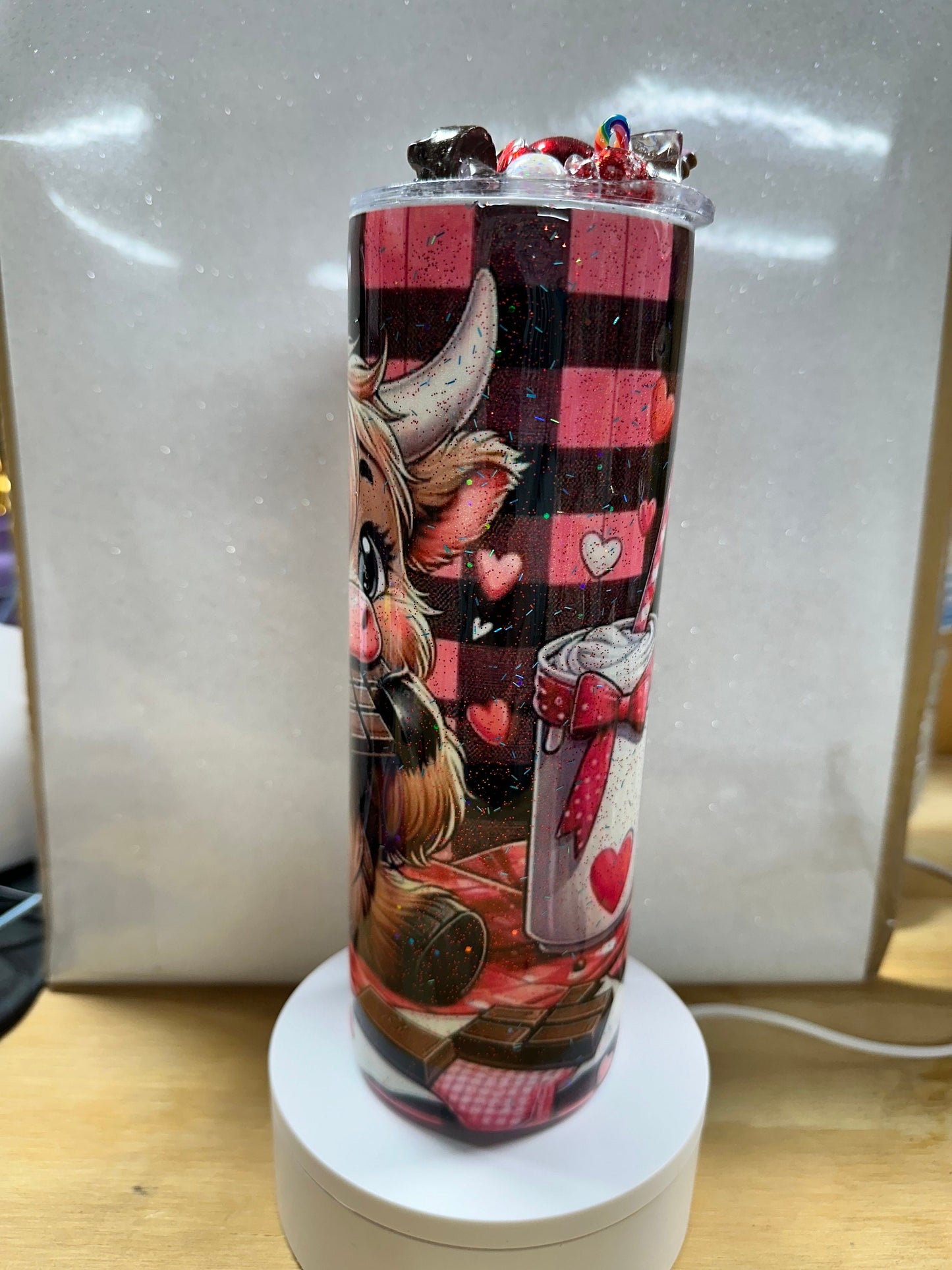 Pink Plaid Highland Cow 20oz Tumbler – Adorable Love-Themed Cup