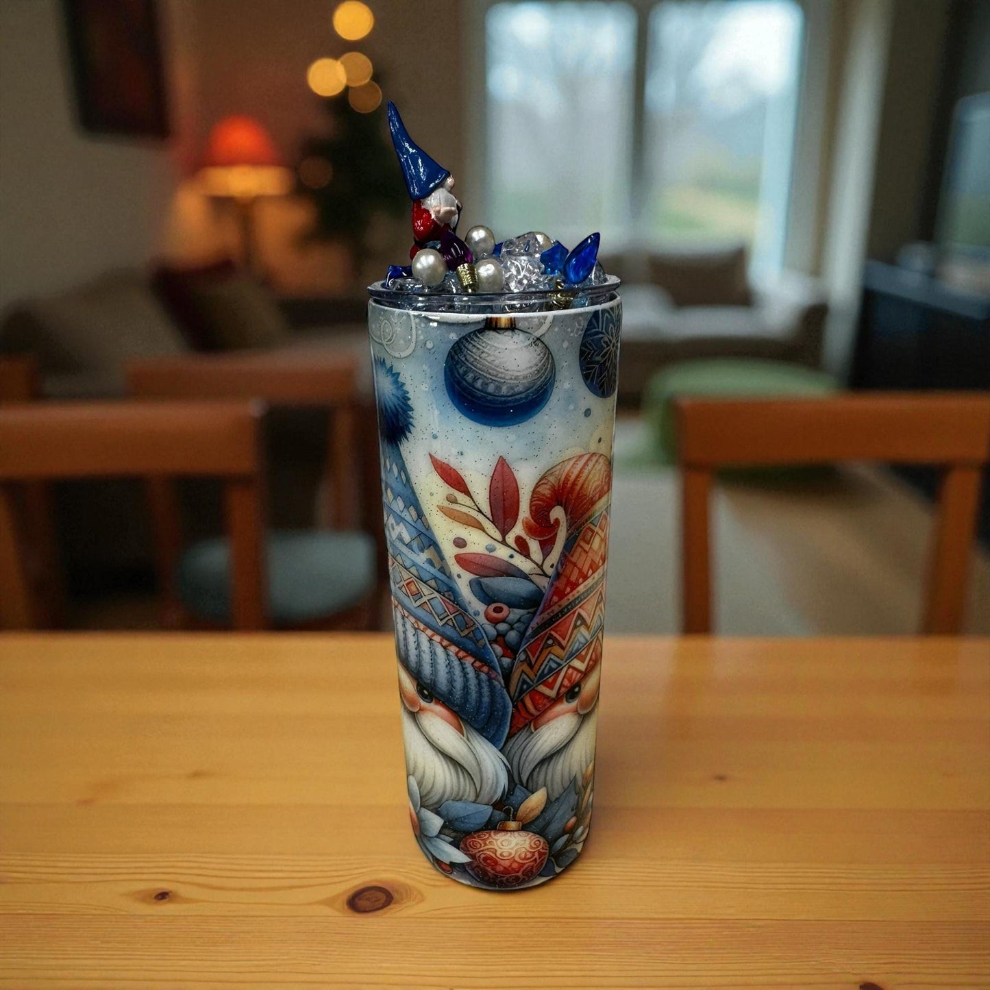 Festive Nordic Gnome 20oz Tumbler – Holiday Floral & Ornament Design