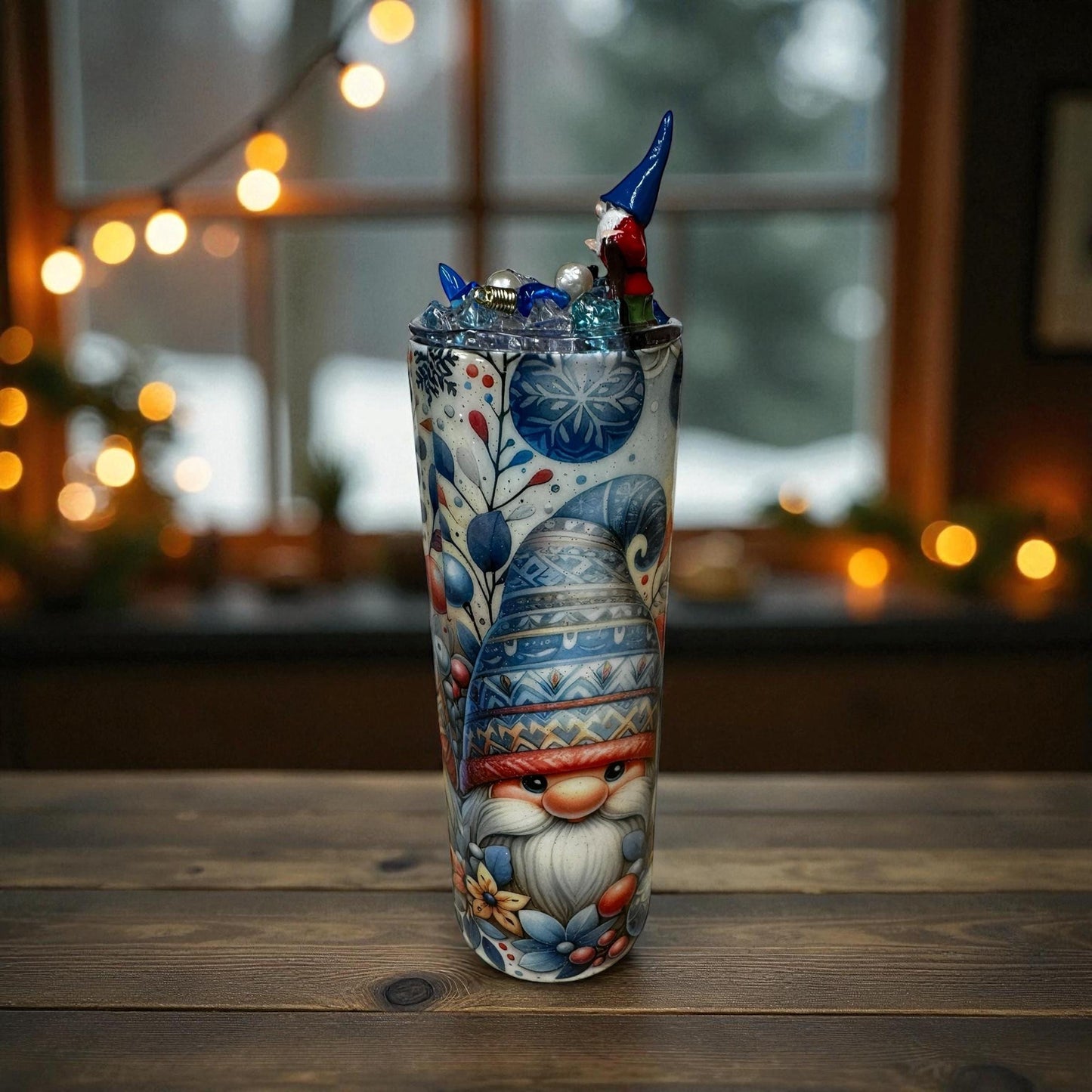 Festive Nordic Gnome 20oz Tumbler – Holiday Floral & Ornament Design