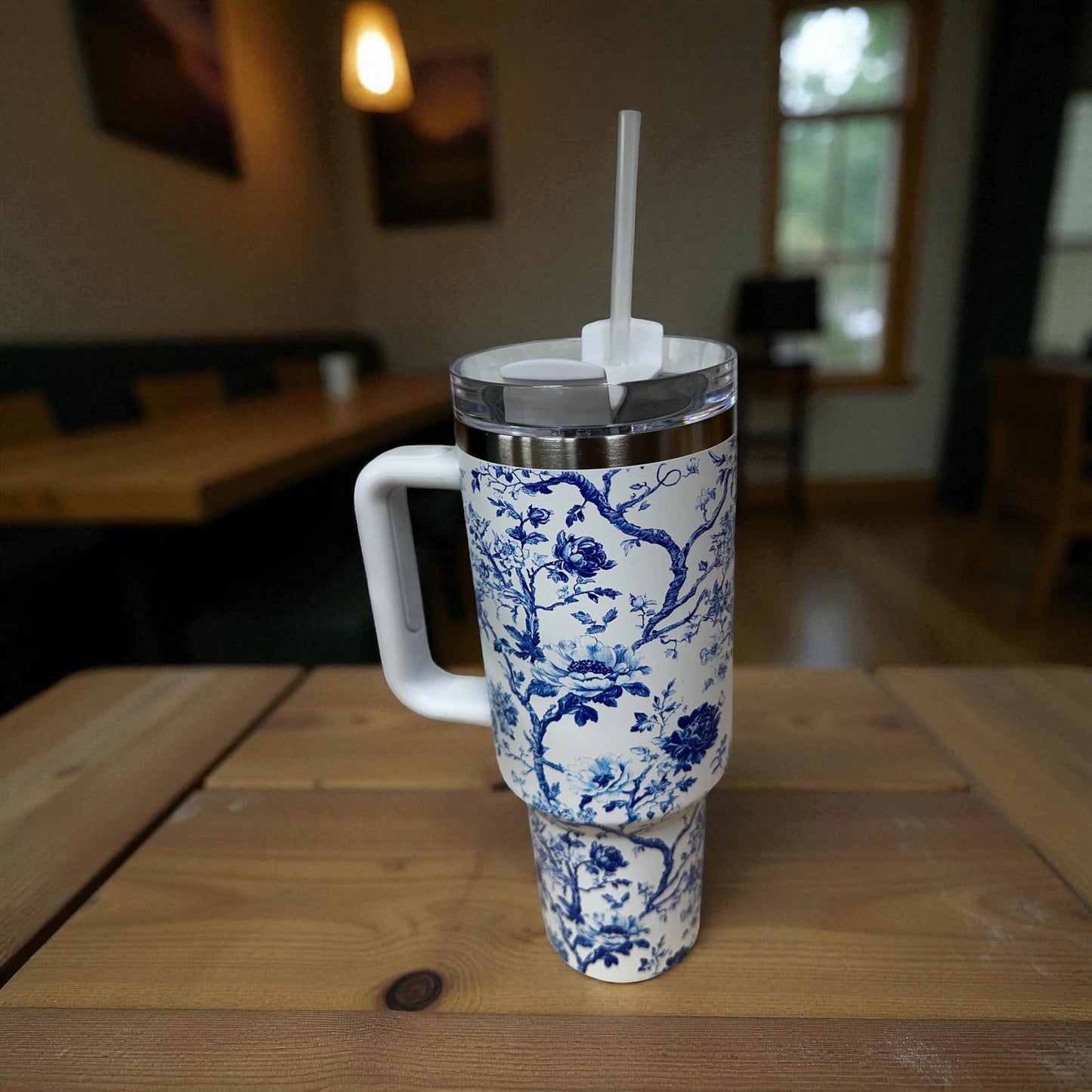 Chic Blue Porcelain Floral 40oz Tumbler – Insulated Mug with Lid & Straw
