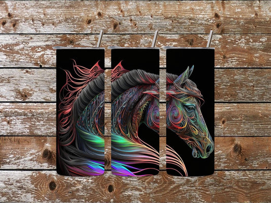 Vibrant Rainbow Horse 20oz GLASS Tumbler – Artistic Equine Line Art Cup
