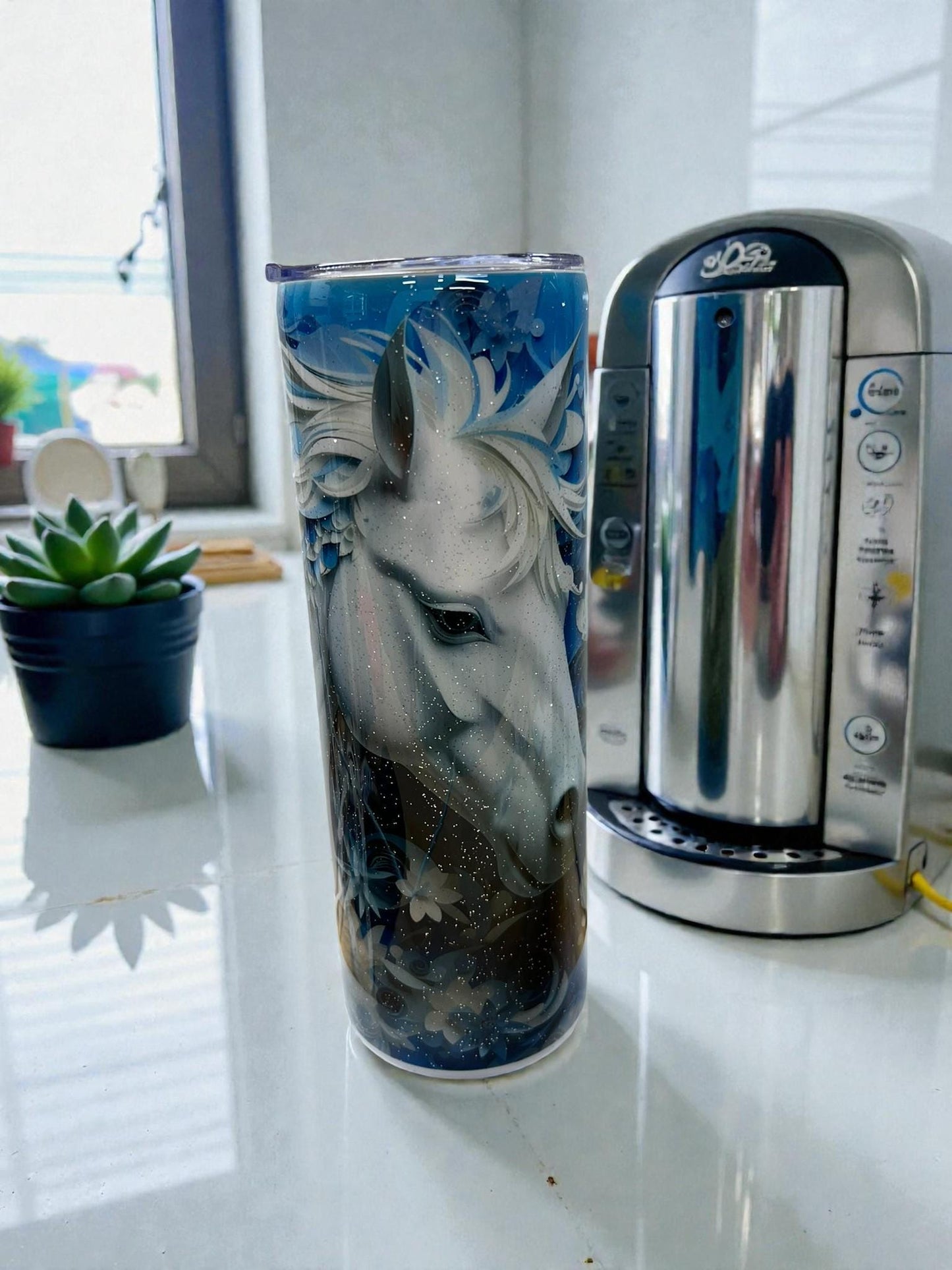 Whimsical Blue Horse 20oz Tumbler – Intricate Floral Mane Design