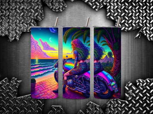 Rainbow Rider 20oz Tumbler – Colorful Biker Girl & Ocean Sunset Cup