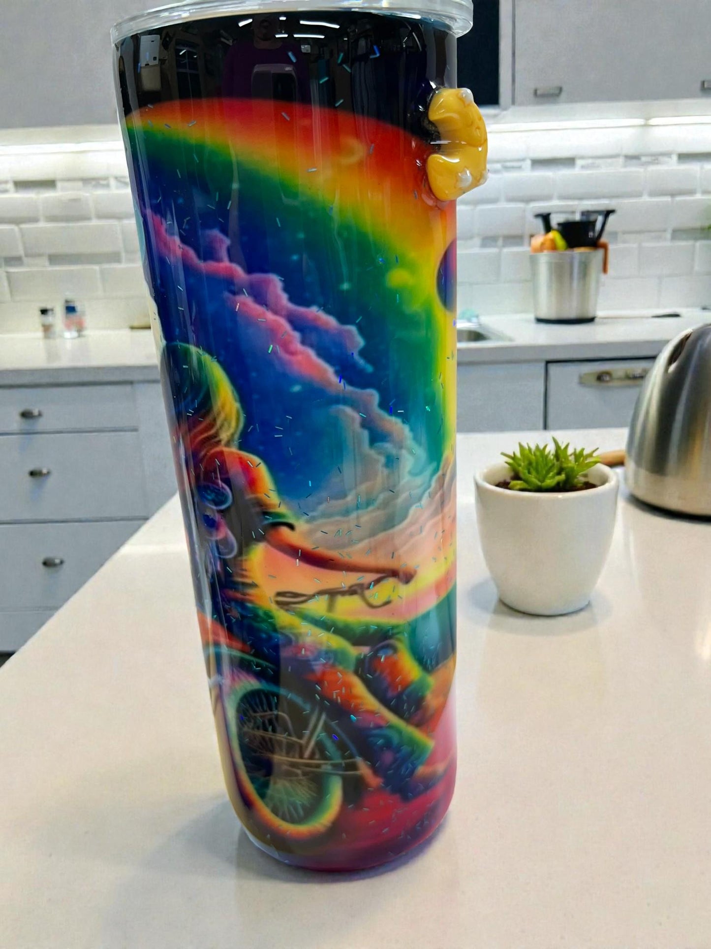 Rainbow Rider 20oz Tumbler – Colorful Biker Girl & Ocean Sunset Cup