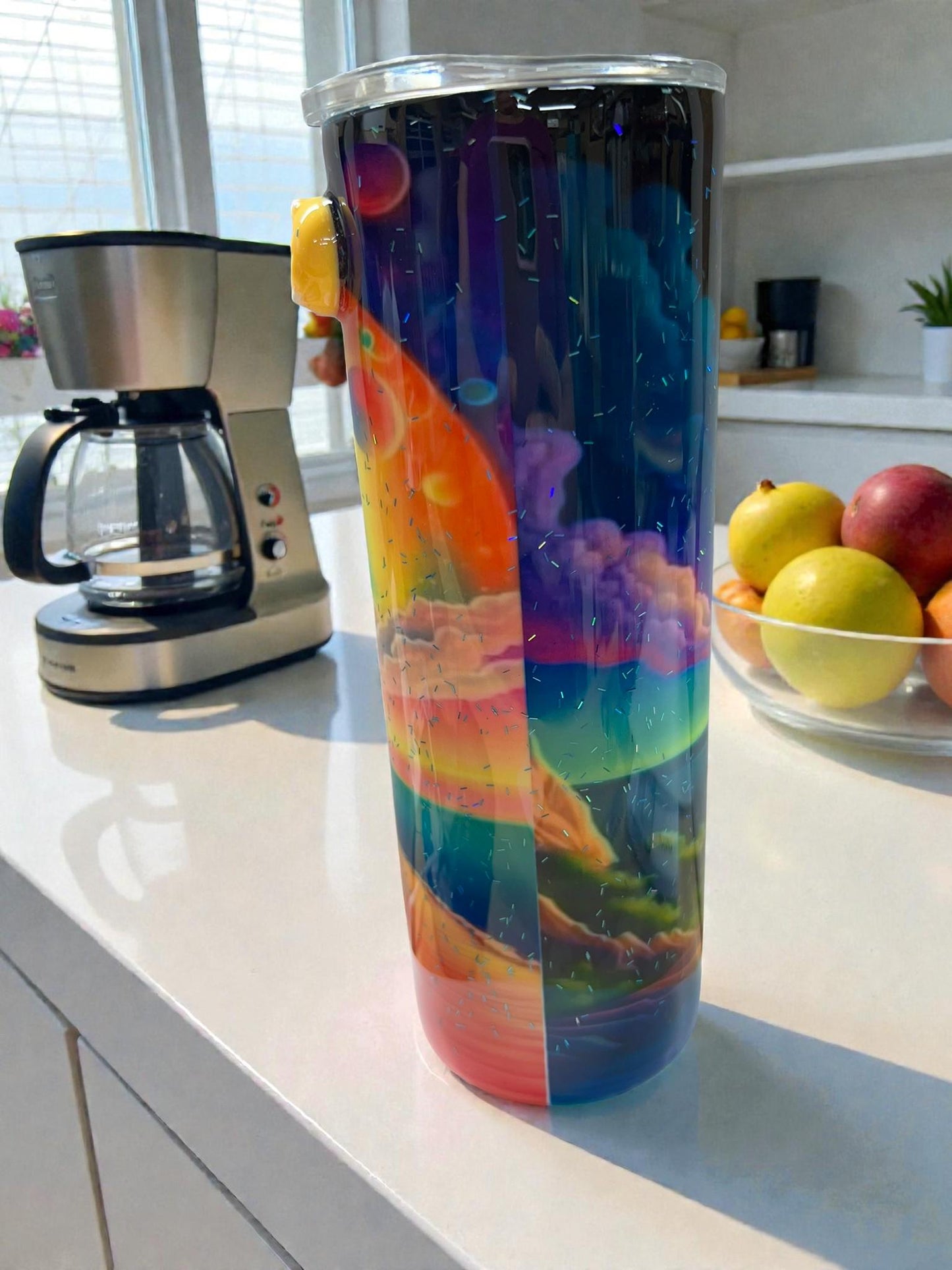 Rainbow Rider 20oz Tumbler – Colorful Biker Girl & Ocean Sunset Cup