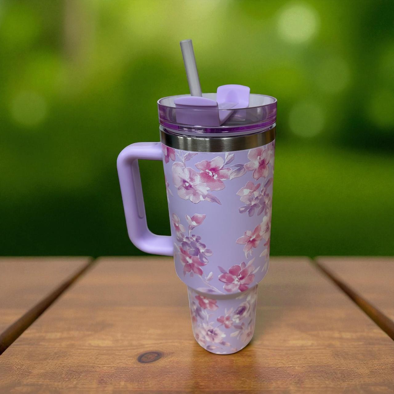 Lavender Floral 40oz Tumbler with Handle – Insulated Cup with Straw