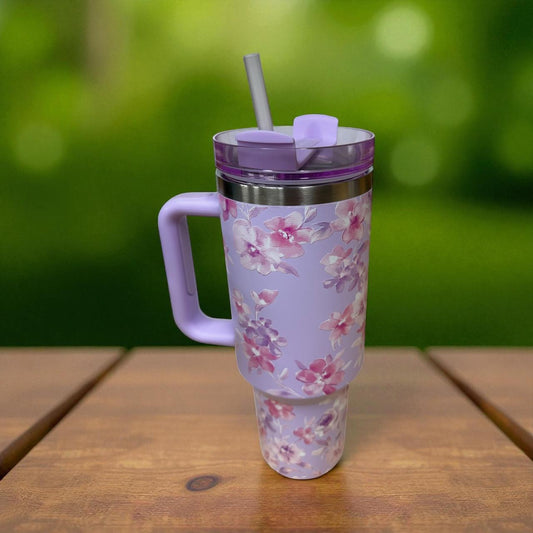 Lavender Floral 40oz Tumbler with Handle – Insulated Cup with Straw