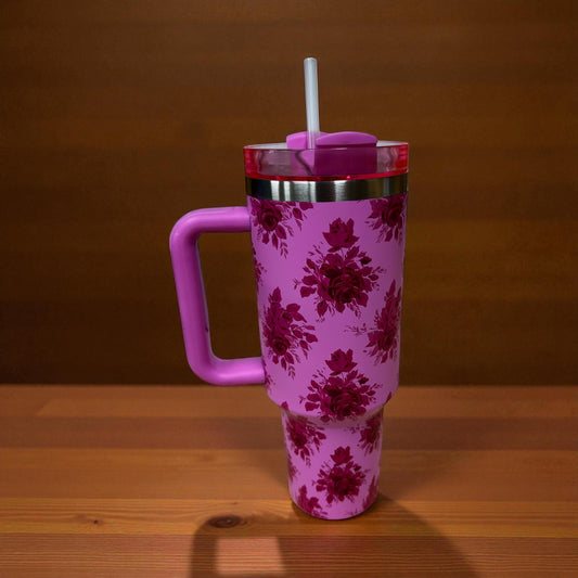 Vintage Rose Print 40oz Tumbler – Pink Flower Travel Cup