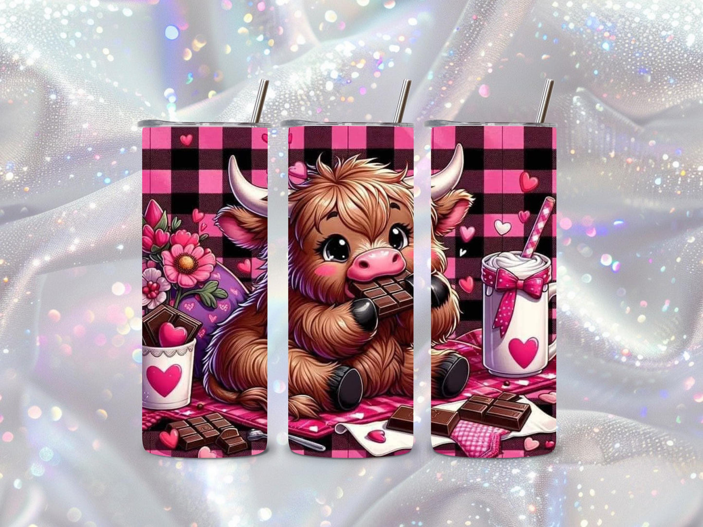 Pink Plaid Highland Cow 20oz Tumbler – Adorable Love-Themed Cup