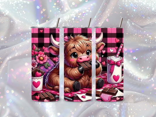Pink Plaid Highland Cow 20oz Tumbler – Adorable Love-Themed Cup