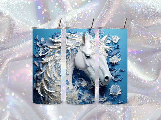 Whimsical Blue Horse 20oz Tumbler – Intricate Floral Mane Design