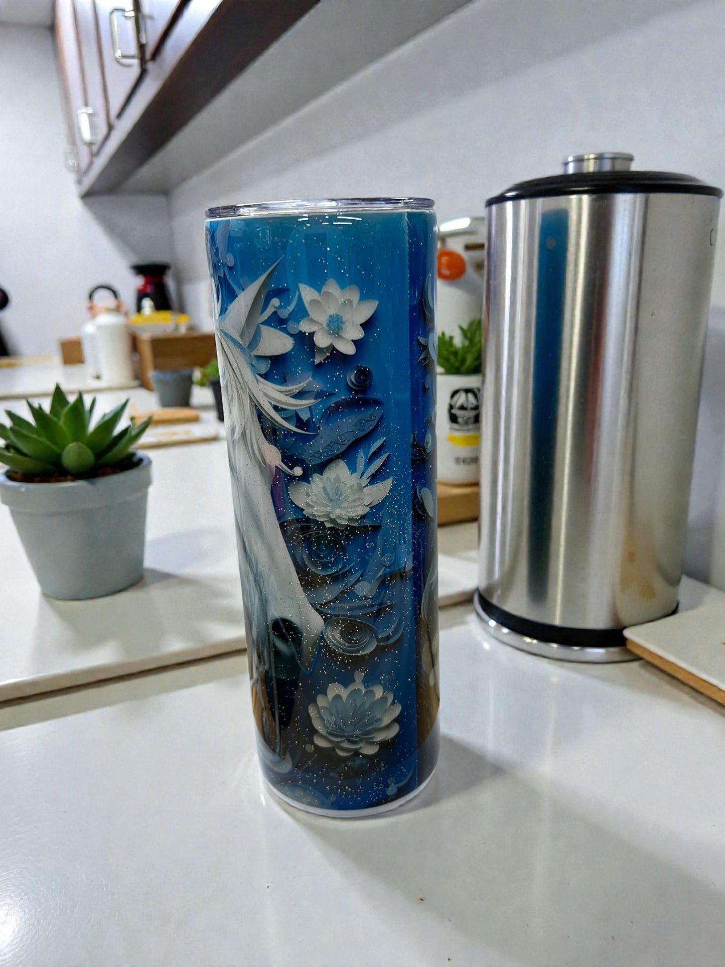 Whimsical Blue Horse 20oz Tumbler – Intricate Floral Mane Design