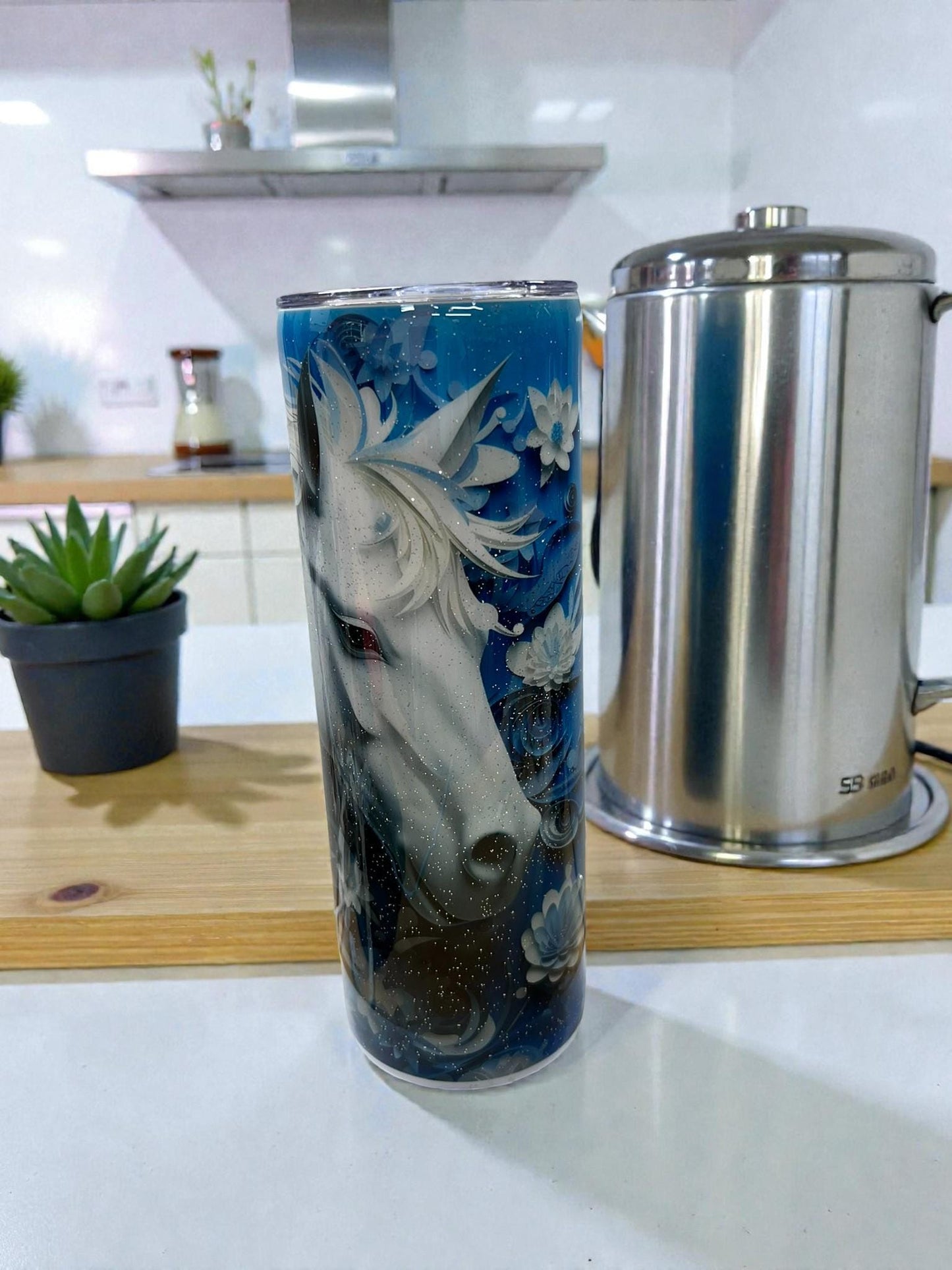 Whimsical Blue Horse 20oz Tumbler – Intricate Floral Mane Design