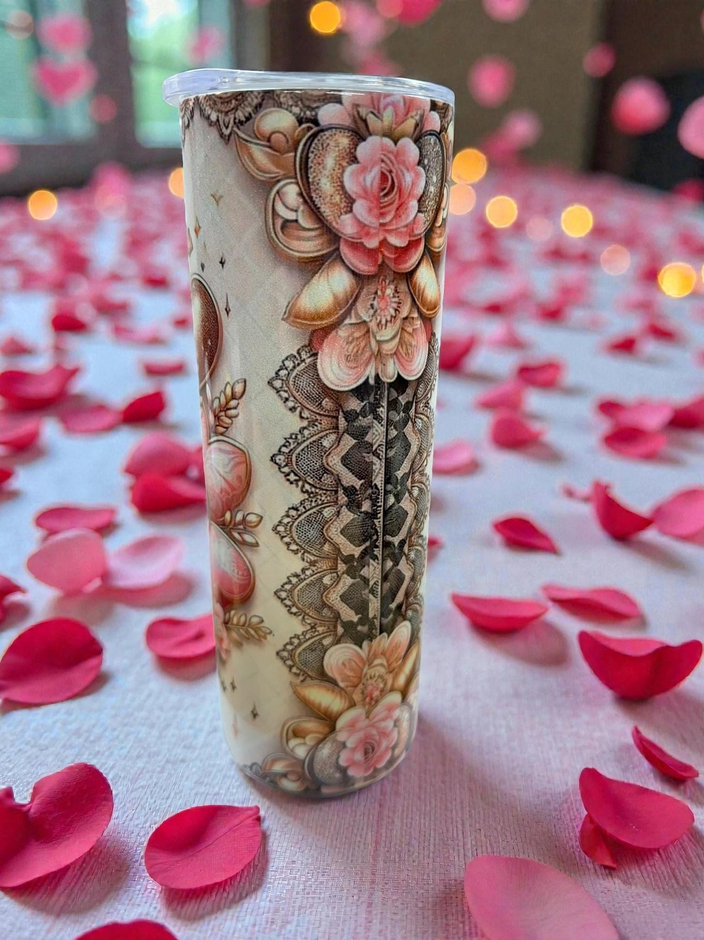 Romantic Glam 20oz Tumbler – Floral Gold Heart Love Cup