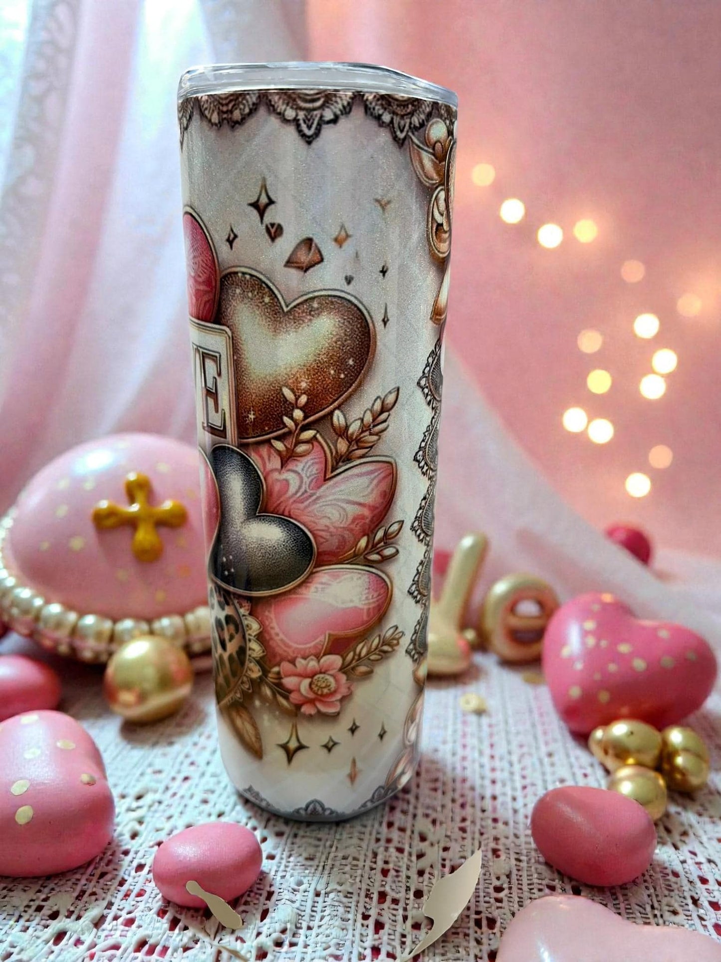 Romantic Glam 20oz Tumbler – Floral Gold Heart Love Cup
