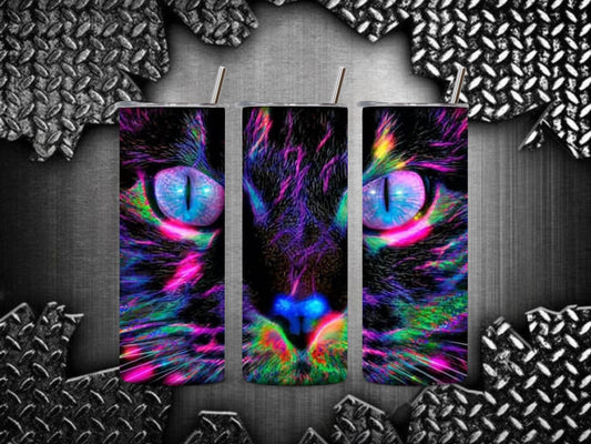 Psychedelic Cat 20oz Tumbler – Rainbow Glow Cat Eyes Stainless Cup