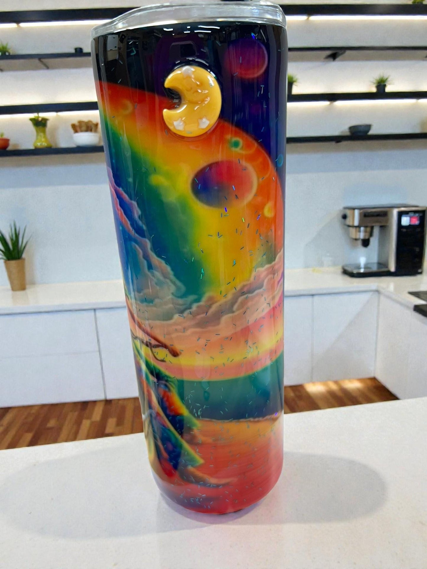 Rainbow Rider 20oz Tumbler – Colorful Biker Girl & Ocean Sunset Cup