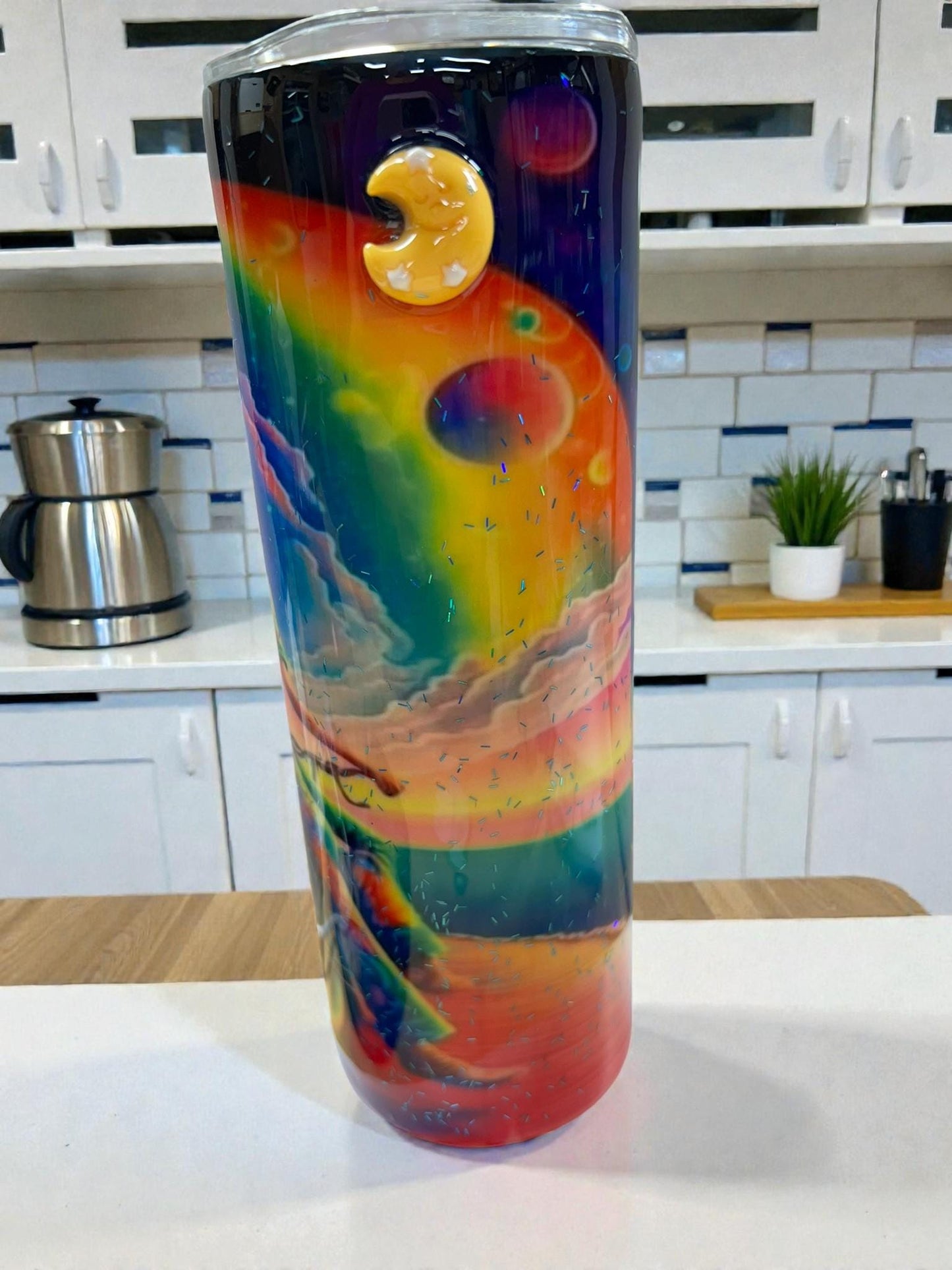 Rainbow Rider 20oz Tumbler – Colorful Biker Girl & Ocean Sunset Cup
