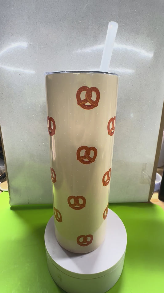 Pretzel Print 20oz Tumbler with Charm | Cute Neutral Skinny Cup